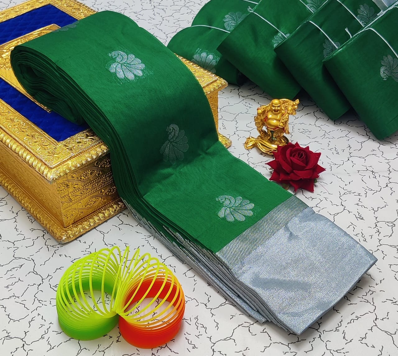 Silver Jari with Leaf Border and Mango Butta Work Cotton Silk  Saree